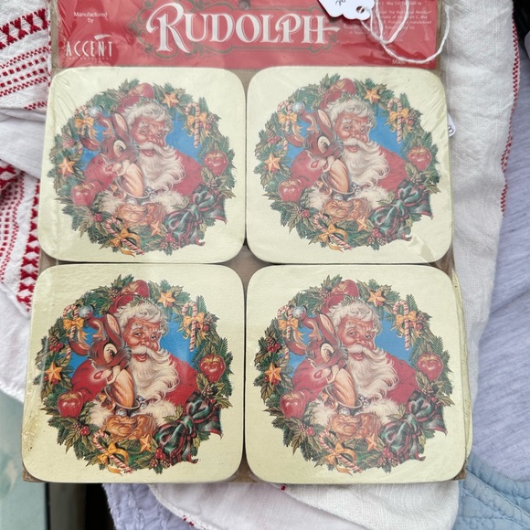 Holiday Coasters with Santa and Reindeer Design 1990s - Picture 1 of 2